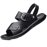 Summer Genuine Leather Sandals for Men Perforated Beach Shoes with Adjustable Elastic Heel Strap Clear Toe Monk Strap Monotone Anti-slip