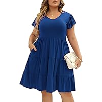 Celkuser Womens Plus Size Casual Summer Dresses Ruffle Sleeve Tiered Swing Midi Dress with Pockets(cel137,14,Blue)