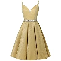 A-line Glitter Satin Prom Dresses Sleeveless for Women, V Neck Spaghetti Straps Homecoming Dress Evening Dress