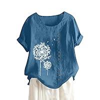 Womens Tops Trendy Cotton Linen Summer Womens Tops Tees Blouses Plus Size Casual Lightweight T Shirts 2024 Trendy Lady Shirts (S-5Xl) Blue 3X-Large