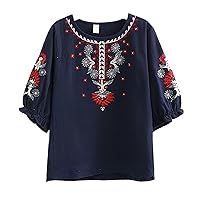 Plus Size Tops for Women Cotton Linen T Shirt Summer 3/4 Sleeve Vintage Shirts Casual Loose Tunic Tee Floral Printed Blouses