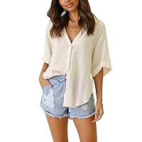 Womens Button Down Linen Shirts V Neck Roll Up Cuffed Sleeve Blouses Loose Collared Shirt Casual Formal Work Office Tops