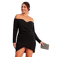 Romwe Women's Plus Size Sexy Off Shoulder Wrap Sweetheart Pleated Front Party Mini Bar Dress Brown 0XL