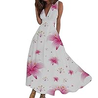 Flowy Swing Sundress Women 2024 Spring Summer Elegant Wrap V Neck Sleeveless Maxi Dress Trendy Floral Print Dresses