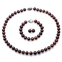 JYX Pearl Necklace Set 9-10mm Flat Round Brown Freshwater Cultured Pearl Necklace Bracelet and Earrings Set