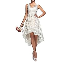 SABridal Womens V-Neck Lace HI-LO Ivory Evening Dress for Reception Wedding Dress Short Lace Bridal Gown US12 Ivory