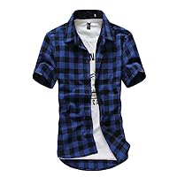Men Plaid Shirt Short Sleeve Top Casual Slim Fit Button Down Dress Shirts Plus Size