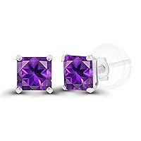 Solid 925 Sterling Silver Gold Plated 4mm Square Genuine Birthstone Stud Earrings For Women | Natural or Created Hypoallergenic Gemstone Stud Earrings