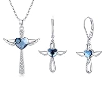 Angel Wings Cross Necklace/Earrings for Women Girls 925 Sterling Silver Blue Heart Crystal Guardian Angel Necklace Cross Pendant Amulet Jewelry Gifts