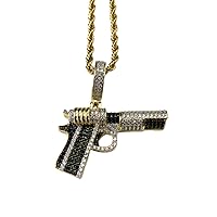 Custom Gun Men Women 925 Italy Gold Finish Iced Silver Charm Ice Out Pendant Stainless Steel Real 3 mm Rope Chain, Mans Jewelry, Iced Pendant, Rope Necklace 16