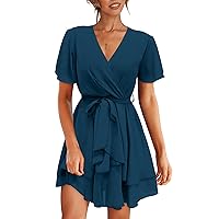 BTFBM Women 2023 Fashion Faux Wrap V-Neck Dresses Short Sleeve High Waist Belt Swing Ruffle Hem Aline Summer Short Dress