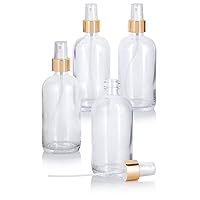 JUVITUS 8 oz Clear Boston Round Thick Plated Glass Bottle with (4 pack, Gold Fine Mist Sprayer)