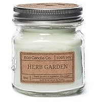 Mason Jar Candle, Herb Garden, 8 oz. - Scents of Tarragon, Bergamot, Grapefruit, & Jasmine - 100% Soy Wax, No Lead, Kraft Label & Antiqued Pewter Lid, Hand Poured, Midwest Soybeans