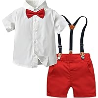 SANGTREE Baby Boys Gentleman Suit Clothes, Dress Shirt with Bowtie + Suspender Shorts