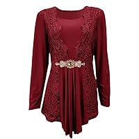 Women Solid Crew Neck Blouse Long Sleeve Flowy Chic Lace Tops Casual Patchwork Shirt