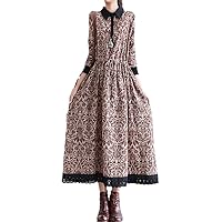 Women Casual Dress Autumn Vintage Style Patchwork Lace Print Loose Female A-Line Long Dresses