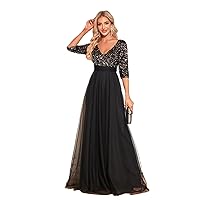 Women Elegant Chiffon Sequin Evening Dress Sexy Long Wedding Party Prom Short Sleeve Cocktail Gown