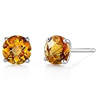 Peora Solid 14K White Gold Genuine Citrine Solitaire Stud Earrings for Women, Hypoallergenic 1.50 Carats total Round Shape AAA Grade, November Birthstone, Friction Backs