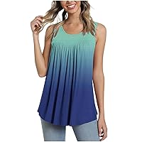 Women's Summer Tank Tops Casual Pleated Sleeveless Shirt Gradient Print Curved Hem Flowy Blouse Loose Fit Cute Tunic