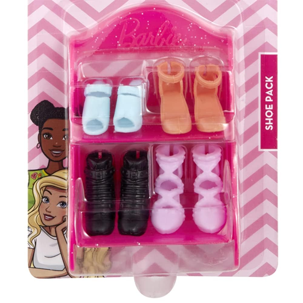 Barbie Doll Shoe Pack - GVY23 ~ Includes 4 Pairs of Doll Shoes with Shoerack - Blue, Orange and Purple Heels with Black Boots