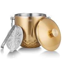 Ice Bucket with Lid, 3L Double Wall Stainless Steel Ice Bucket Keeps Frozen Longer, Insulated Ice Bucket with Tong and Strainer, Perfect for Parties, Cocktail bar, Wine, Champagne, Gold