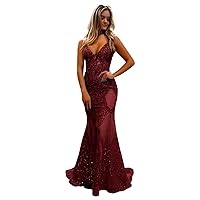 Maxianever Plus Size Lace Bodycon Sequin Mermaid Prom Dresses Long Sparkly Spaghetti Straps Formal Evening Gowns Backless Burgundy US20 Plus