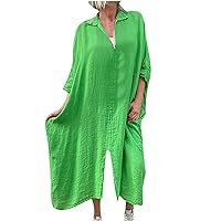 Women's 3/4 Sleeve Lapel Collar Shirt Dress Summer Cotton Linen V Neck Loose Casual Dresses Split Front Beach Maxi Dress