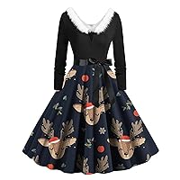 Christmas Swing Dresses for Women Furry V Neck Long Sleeve Cocktail Dress Belted High Waist Xmas Holiday Outfits