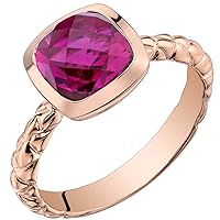 PEORA Created Ruby Solitaire Ring for Women 14K Rose Gold, 2.50 Carats Cushion Cut 7mm, Comfort Fit, Sizes 5 to 9