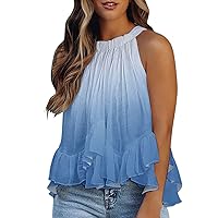 Halter Blouse for Women Summer Floral Print Sleeveless Shirts Tank Top Rufflefd Hem Blouses Pom Pom Flowy Tunic Tops