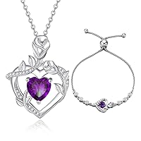 February Birthstone Jewelry Amethyst Necklace Bracelet for Women Sterling Silver CZ Rose Flower Heart Pendant Mothers Day Gifts for Mom Anniversary Birthday Gifts for Girls Her
