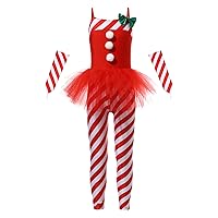 FEESHOW Girls Boys Christmas Candy Cane Unitard Dance Leotard Costume Kids One Piece Long Sleeve Turtleneck Jumpsuit Rose&Bowknot 8 Years
