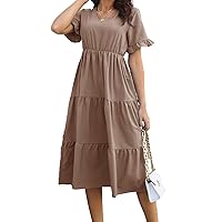 Women's Ruffle Dresses Casual Solid Color Loose Tiered Hem Dresses Summer V-Neck Short Sleeve High Waist Long Skirts