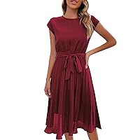 Ruched Dresses for Women Solid Color Casual Classic Fashion Slim Fit with Waistband Short Sleeve Round Neck Dress