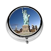 Statue of Liberty Print Pill Box 3 Compartment Round Pill Case with Mirror Metal Pill Organizer Travel Pillbox Mini Medicine Storage Box for Pocket Purse