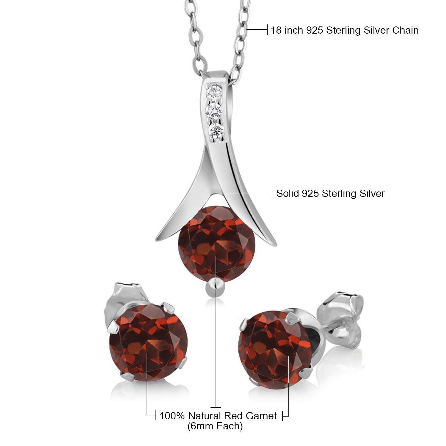 Gem Stone King 925 Sterling Silver Red Garnet Earring and Pendant Set For Women (2.25 Cttw, Gemstone Birthstone, 6MM Each Garnet, With 18 Inch Silver Chain)