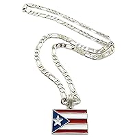 Puerto Rico Flag Pendant 24 Inch Long Figaro Necklace Silver Color