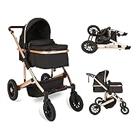 2 in1 Baby Stroller,High Landscape Infant Stroller,Reversible Bassinet Stroller,Adjustable Backrest & Canopy,Foldable Aluminum Alloy Anti-Shock Stroller for Newborn (Gold-Black)