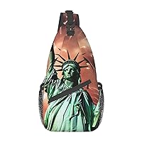 Statue Liberty Flag Fireworks Print Sling Backpack Travel Sling Bag Casual Chest Bag Hiking Daypack Crossbody Bag For Men Women