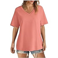 Basic T Shirt for Women Casual V Neck Short Sleeve Tee Shirts Solid Loose Summer Tops Work Shirts Comfy Tunic Blouse