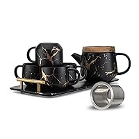 Black Tea Set, 25oz Tea Pot Sets with Infuser, 4 Tea Cups and Porcelain Tray, Luxury Tea Sets for Women with Modern Marble Design, Tea Gift Set for Tea Lovers, Woman and Men