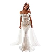 VCCICANY Sparkly Mermaid Prom Dresses for Women Sequin Off The Shoulder Detachable Train Long Ball Gown Evening Dress