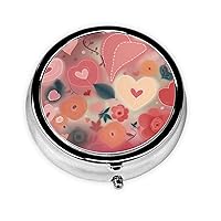 Hearts and Flowers Print Pill Box Round Metal Pill Case 3 Compartment Cute Portable Travel Pillbox Mini Medicine Storage Box for Pocket Purse