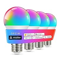 OREiN Matter Smart Light Bulbs, Work with Alexa/Google Home/Apple Home/SmartThings, A19 Color Changing Light Bulbs, Music Sync Light Bulb 2.4Ghz WiFi only, 800 Lumens Equivalent 60W 4Pack