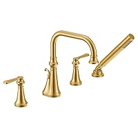 TS44504BG Colinet Two Handle Deck-Mount Roman Tub Faucet Trim with Lever Handles and Handshower, Valve Required, Brushed Gold
