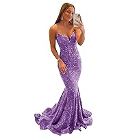 Basgute Sequin Mermaid Prom Dresses for Women Sparkly Long Sexy Strapless V Neck Bodycon Formal Evening Party Gowns