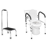 Vaunn Medical Foot Step Stool with Handle and Deluxe Adjustable Folding Toilet Safety Rail Bundle