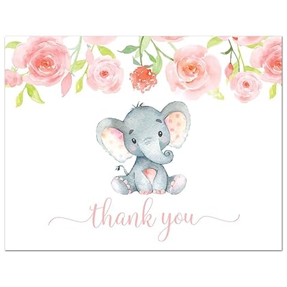 GenericJINCHENG 50 Pink Watercolor Floral Elephant Baby Shower Thank You Cards + Envelopes
