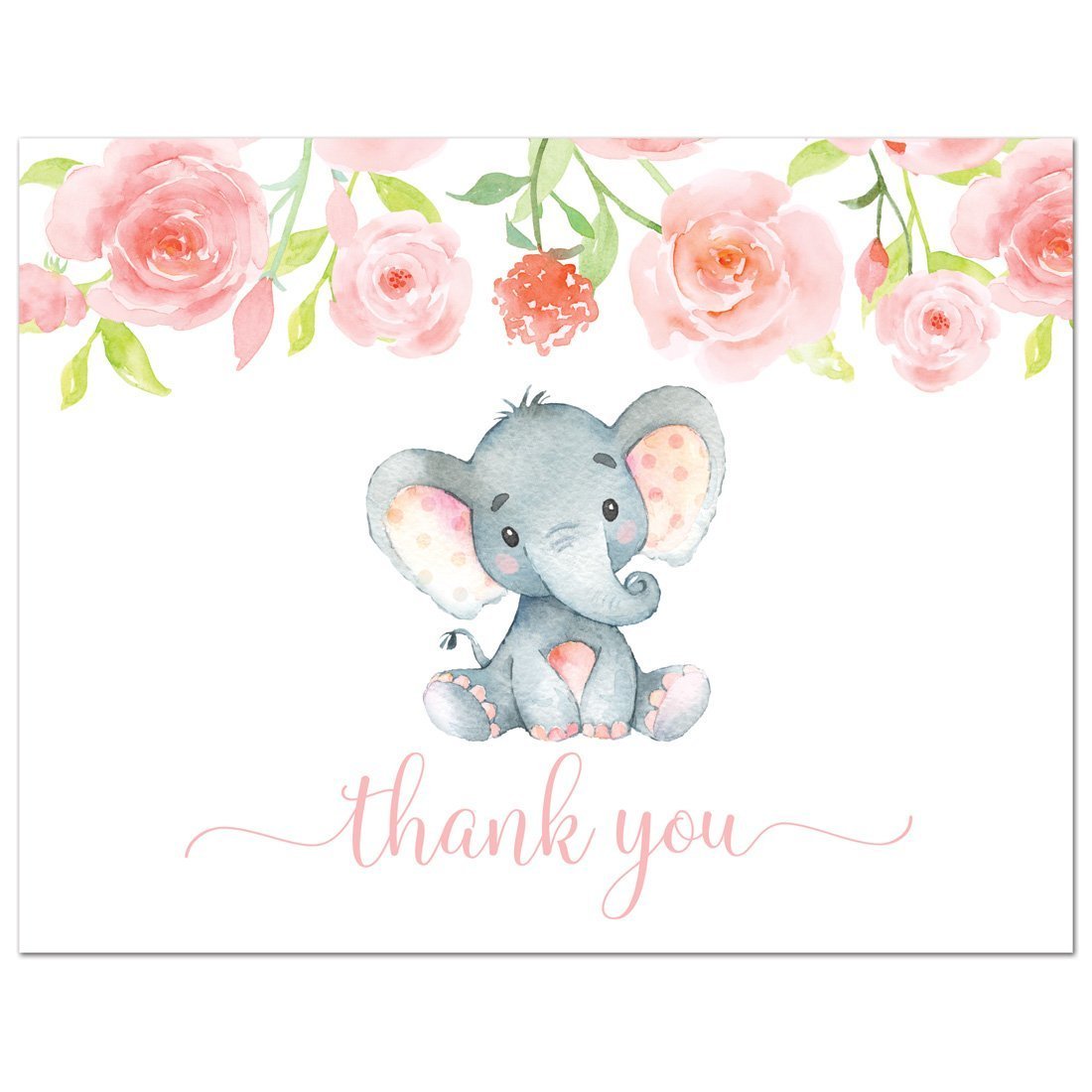 GenericJINCHENG 50 Pink Watercolor Floral Elephant Baby Shower Thank You Cards + Envelopes