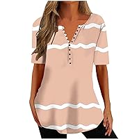 Women's Tshirts Casual V Neck Short Sleeve Loose Summer Tunic Tops Striped Hearts Print Button V Neck Blouse Shirts